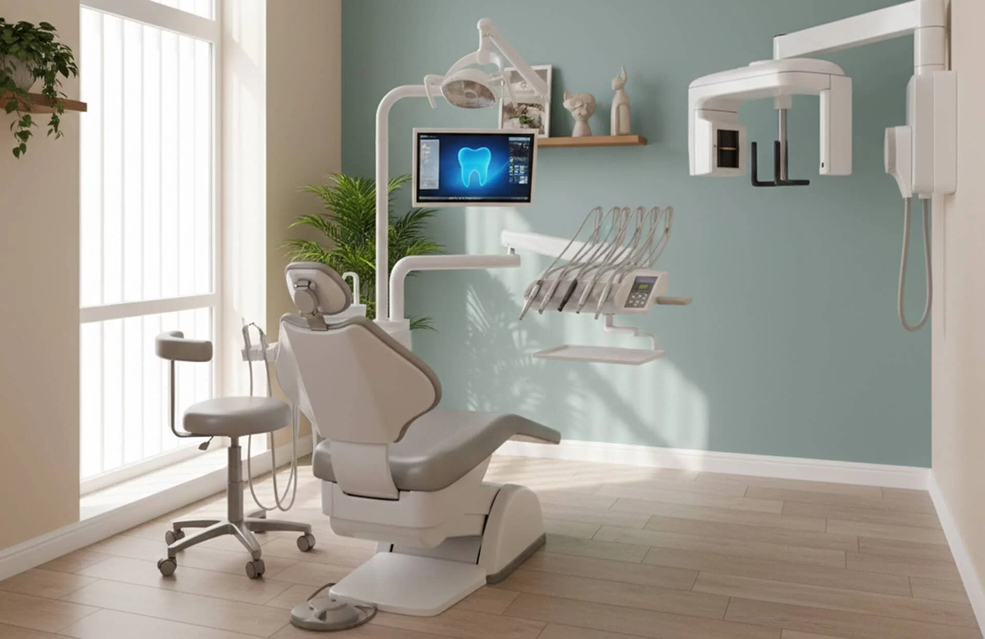Dental examination room with modern dental chair, overhead light, monitor displaying dental graphics, and dental tools, emphasizing advanced dental care at Cornerstone Dental Group in Westford, MA.