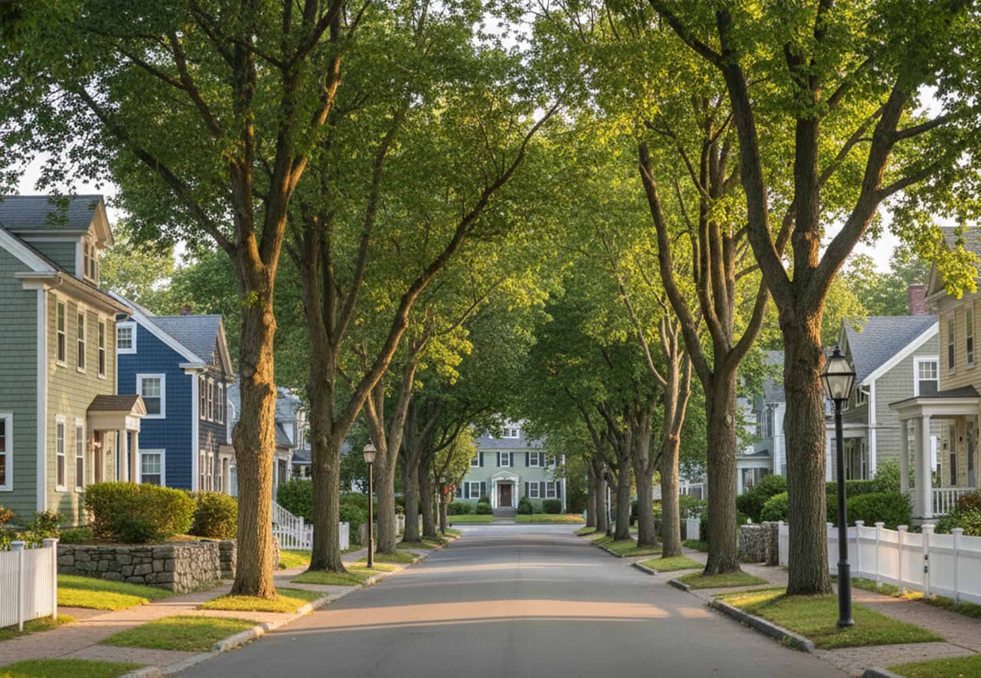 Tree-lined residential street with charming homes in Westford, MA, reflecting a welcoming neighborhood atmosphere for families and community members.