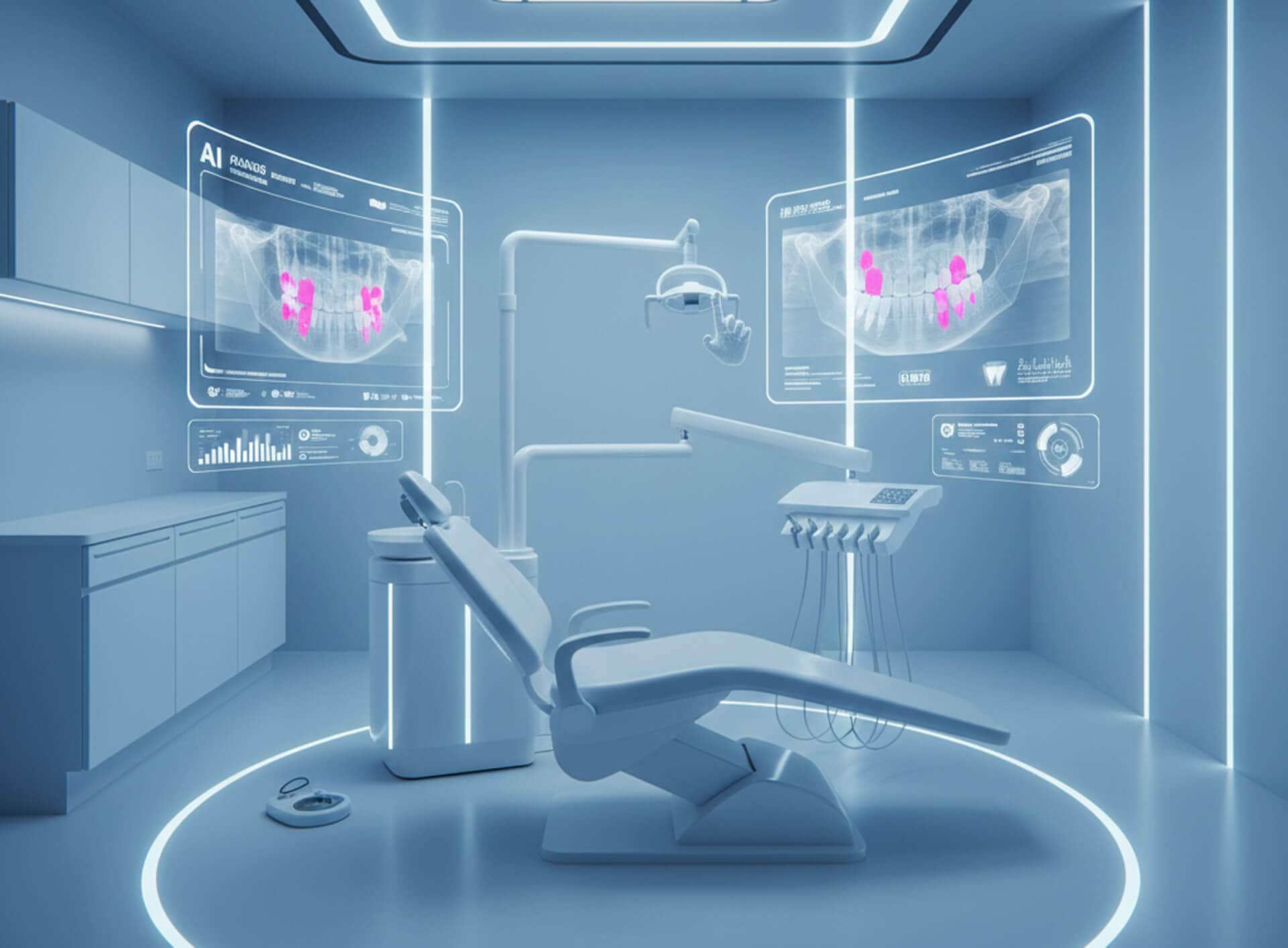 Dental examination room featuring AI-driven diagnostic technology, digital imaging displays showing dental scans with highlighted areas, modern dental chair, and advanced dental equipment, emphasizing precision care in Westford, MA.