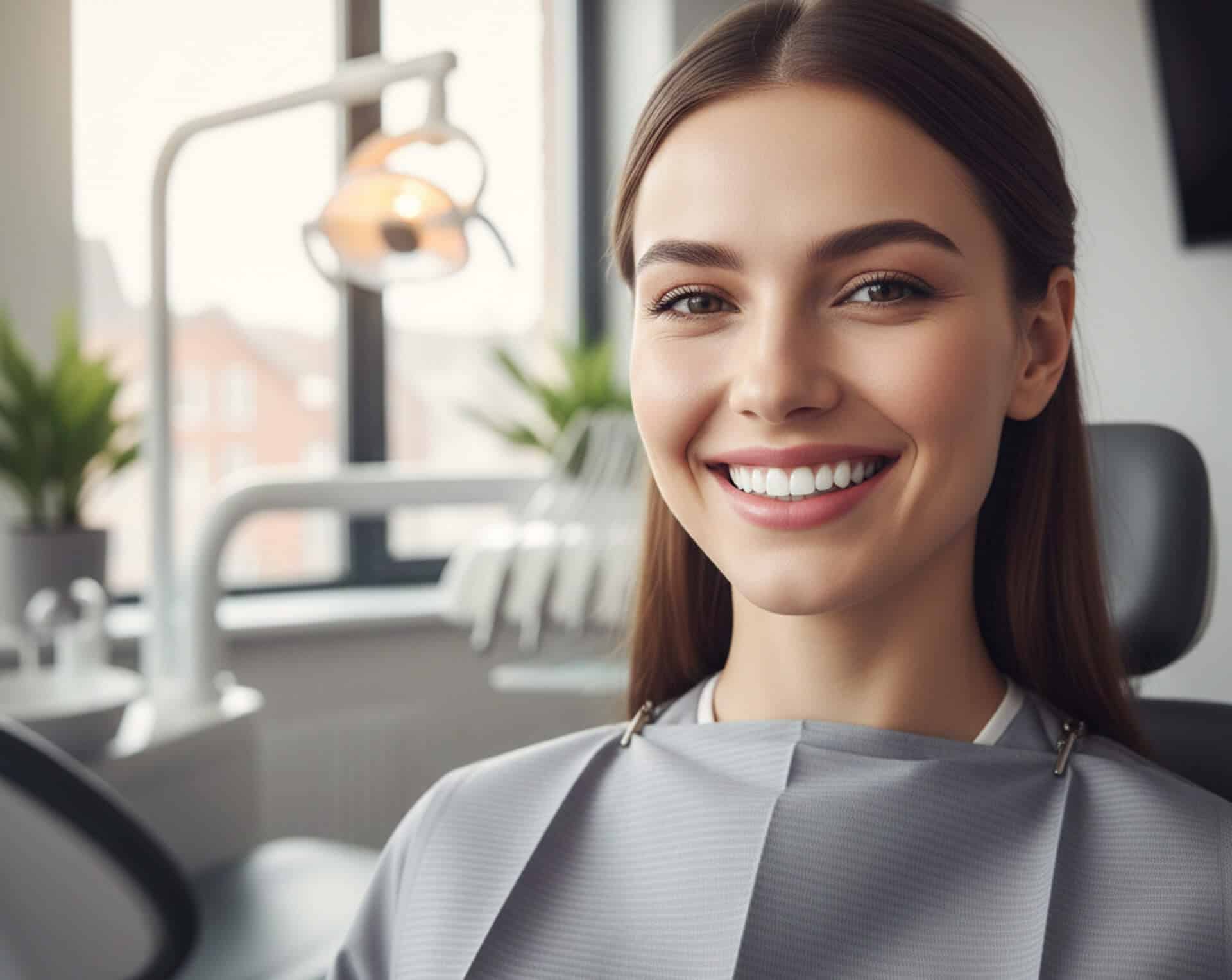 Smiling woman in dental chair, showcasing a healthy smile, in modern dental office setting, highlighting Crown & Bridge restoration services at Cornerstone Dental Group in Westford, MA.