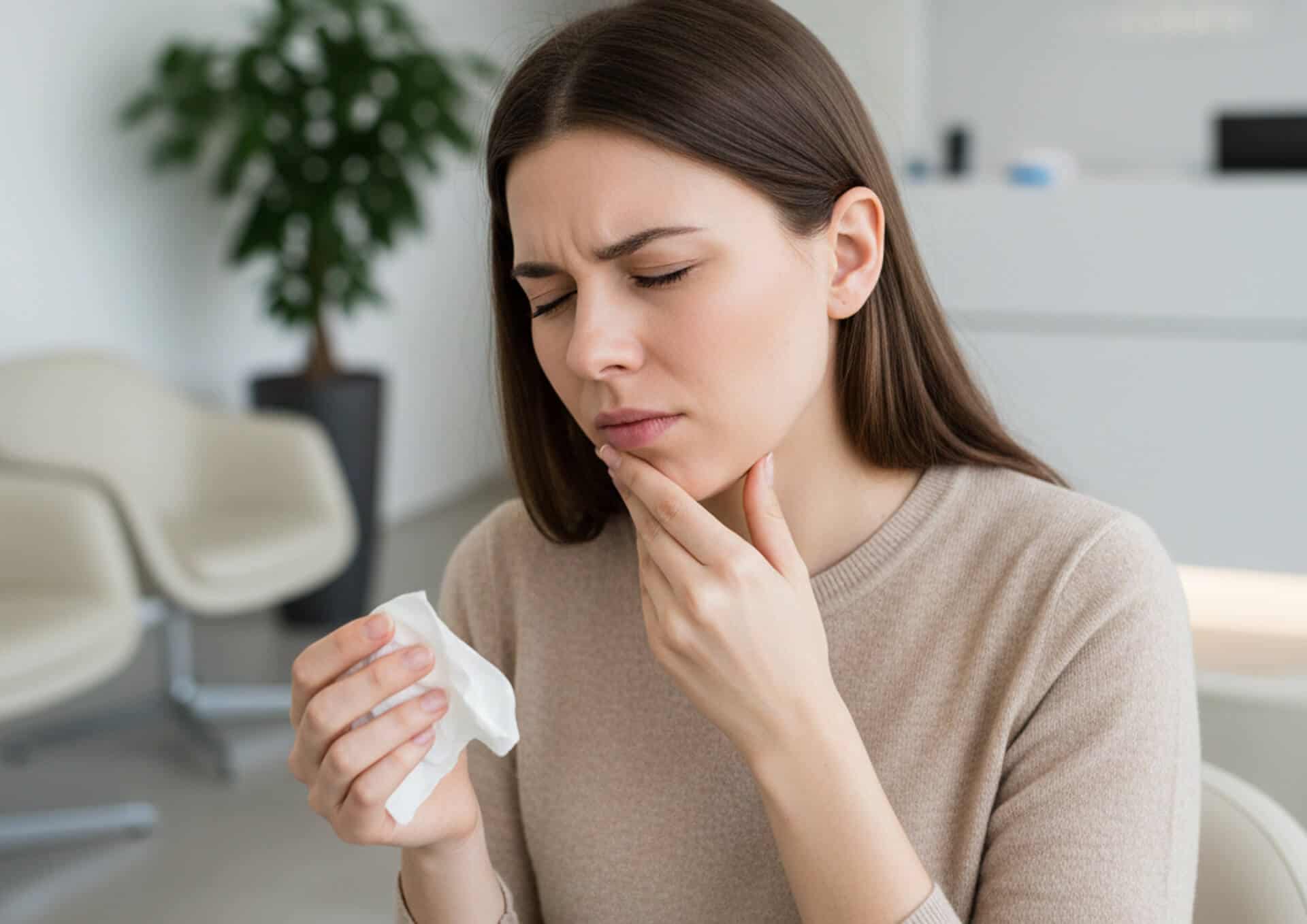 Woman holding tissue, wincing in pain while touching her jaw, in a dental office setting, emphasizing emergency dentistry and urgent care for dental pain.