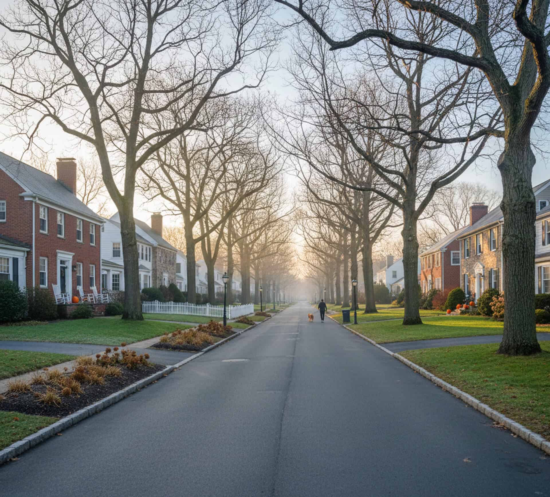 Tree-lined residential street in Westford, MA, featuring homes with manicured lawns and a person walking a dog along the sidewalk, emphasizing a community-focused, family-friendly atmosphere.