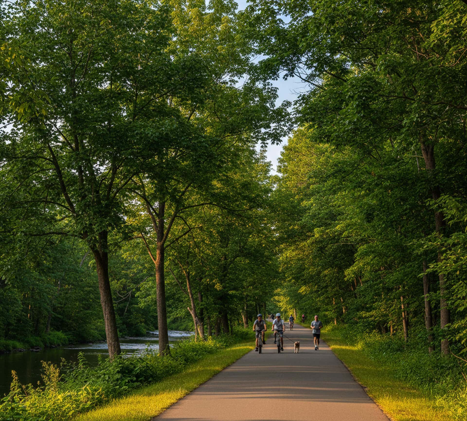 Bicyclists and joggers on a scenic path lined with trees near a river, promoting outdoor activity and community wellness in Ayer, MA.