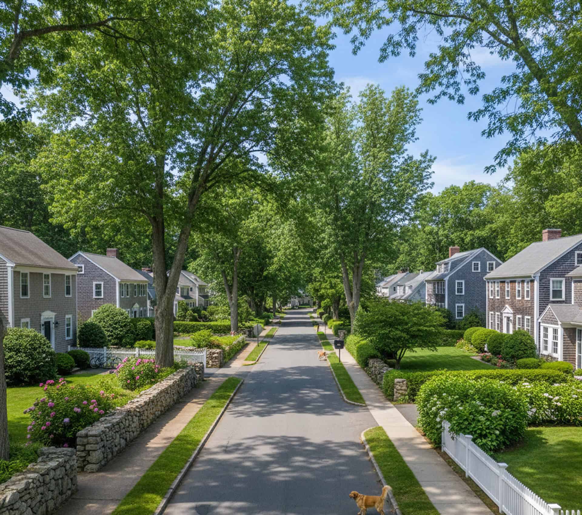 Residential street in Carlisle, MA, featuring well-maintained homes, lush greenery, and a clear blue sky, representing the welcoming community surrounding Cornerstone Dental Group.
