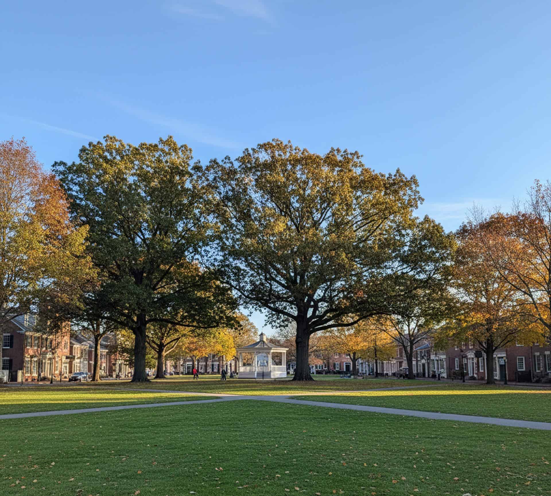 Park scene in Chelmsford, MA, featuring two large trees, a gazebo, and autumn foliage, representing a welcoming environment for families seeking personalized dental care at Cornerstone Dental Group.