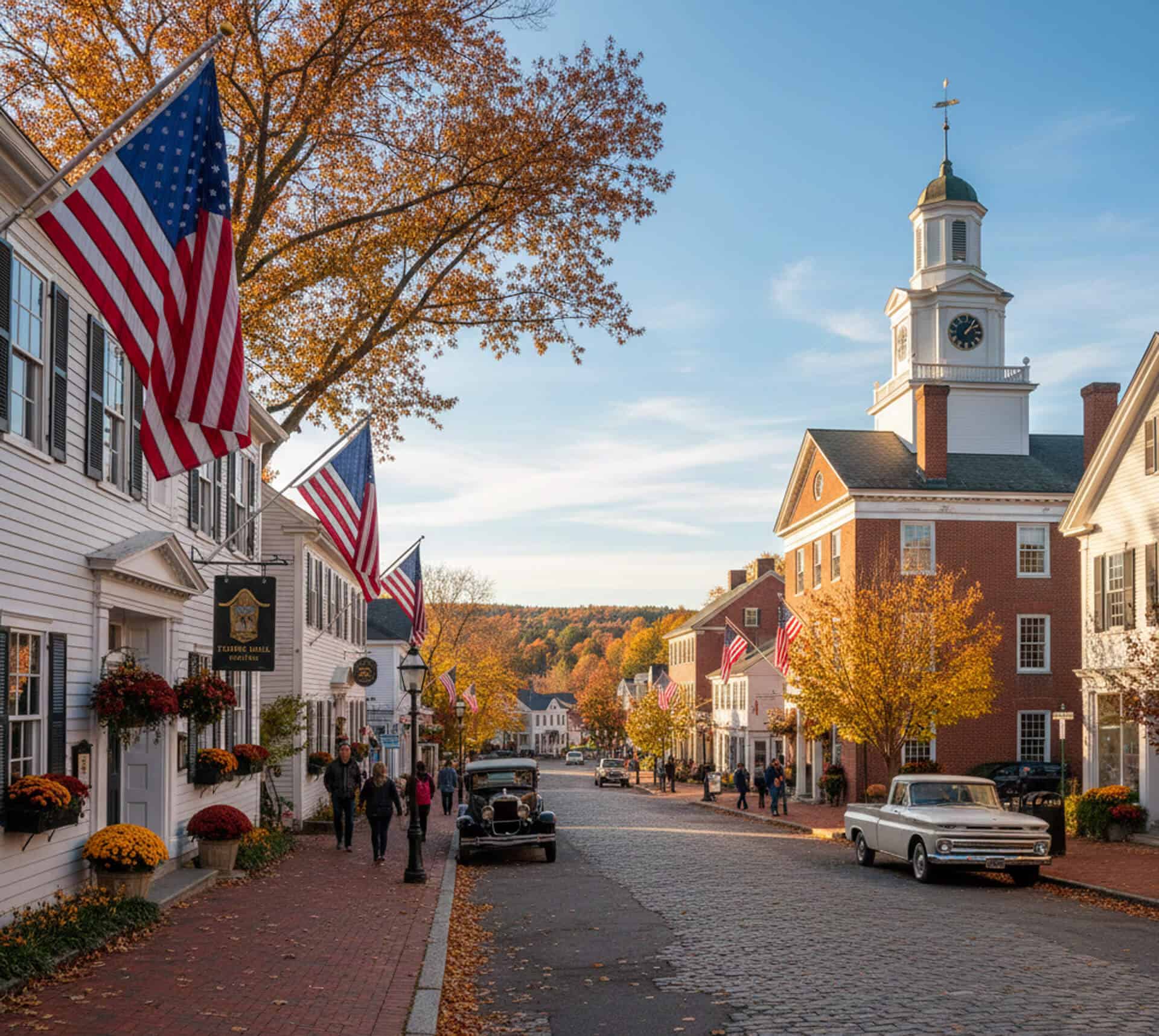Historic street in Littleton, MA, featuring autumn foliage, American flags, vintage cars, and pedestrians walking along a brick sidewalk near Cornerstone Dental Group.