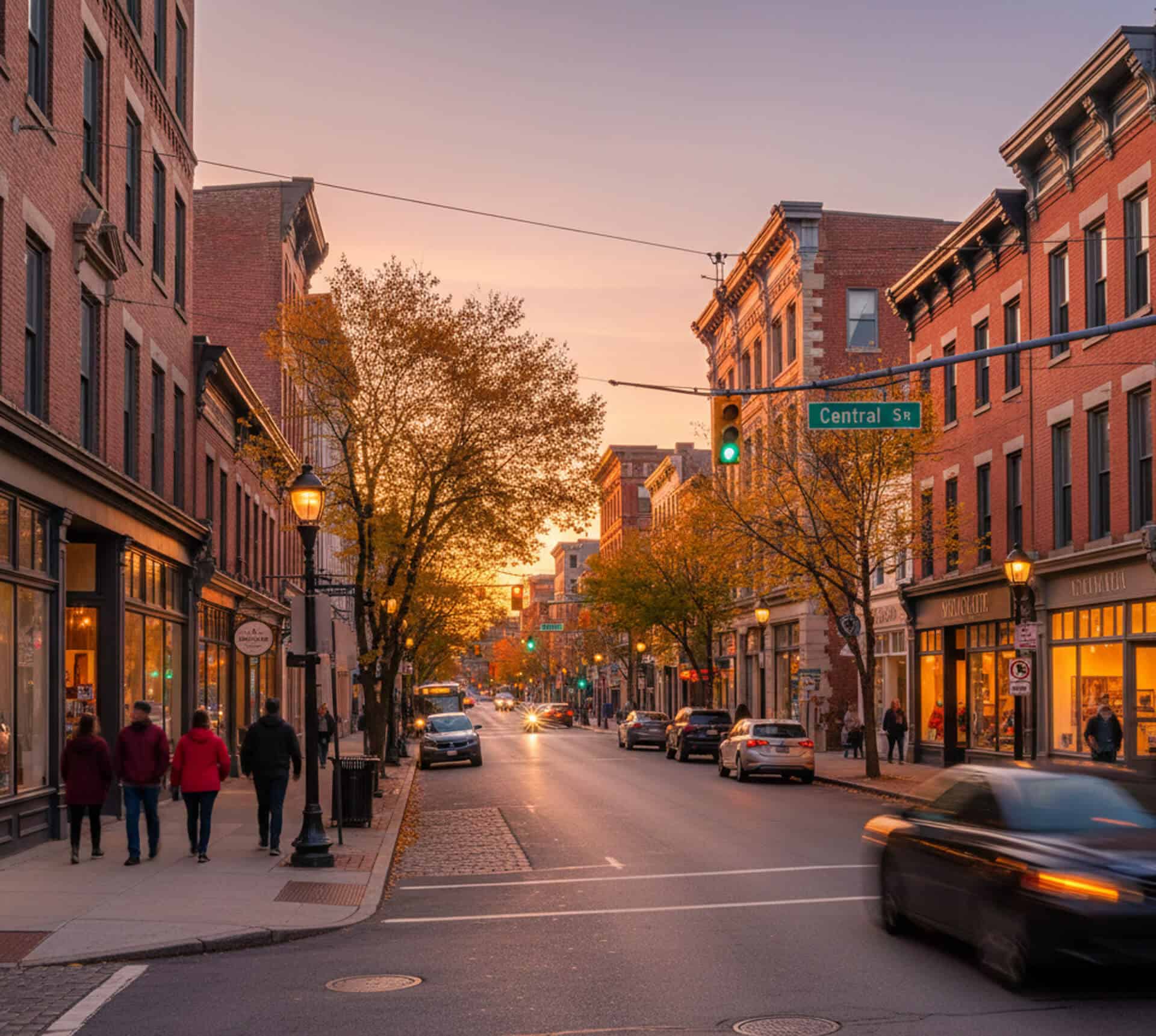 Street view of Central Street in Lowell, MA, featuring brick buildings, autumn trees, pedestrians walking, and cars on the road during sunset, emphasizing the community atmosphere near Cornerstone Dental Group.