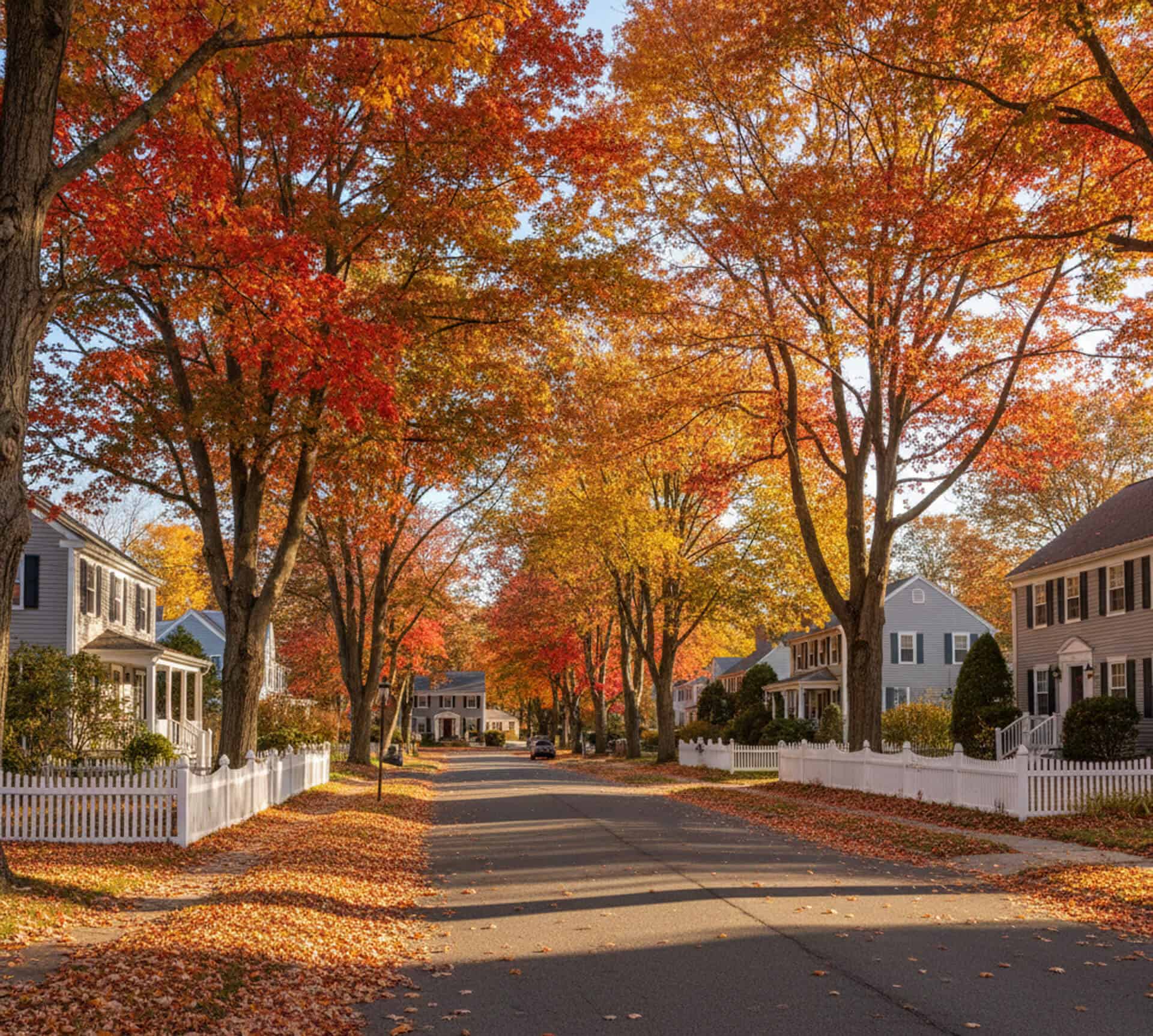 Autumn street view in Tyngsborough, MA, lined with colorful trees and residential homes, showcasing vibrant fall foliage and a peaceful neighborhood atmosphere.