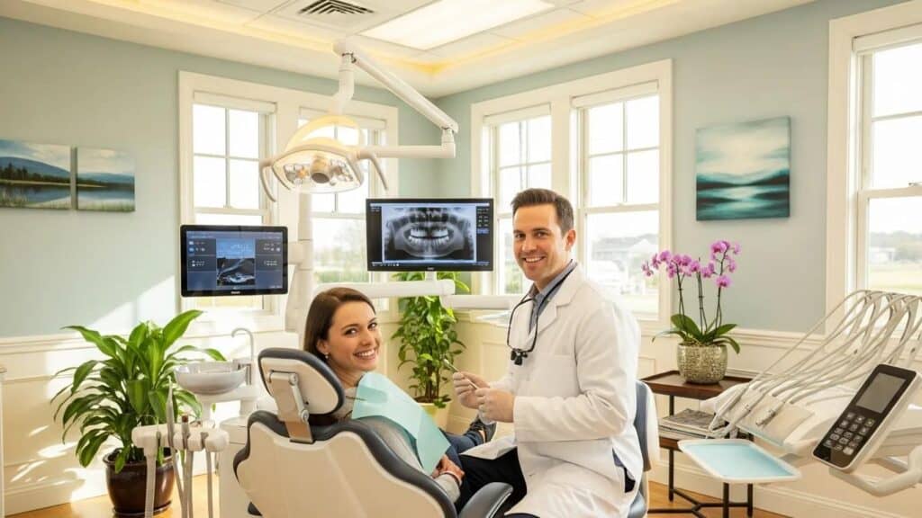 Modern dental office with a smiling patient and dentist, showcasing advanced cosmetic dentistry services at Westford Smiles Dental Center, featuring digital monitors and a comfortable setting.