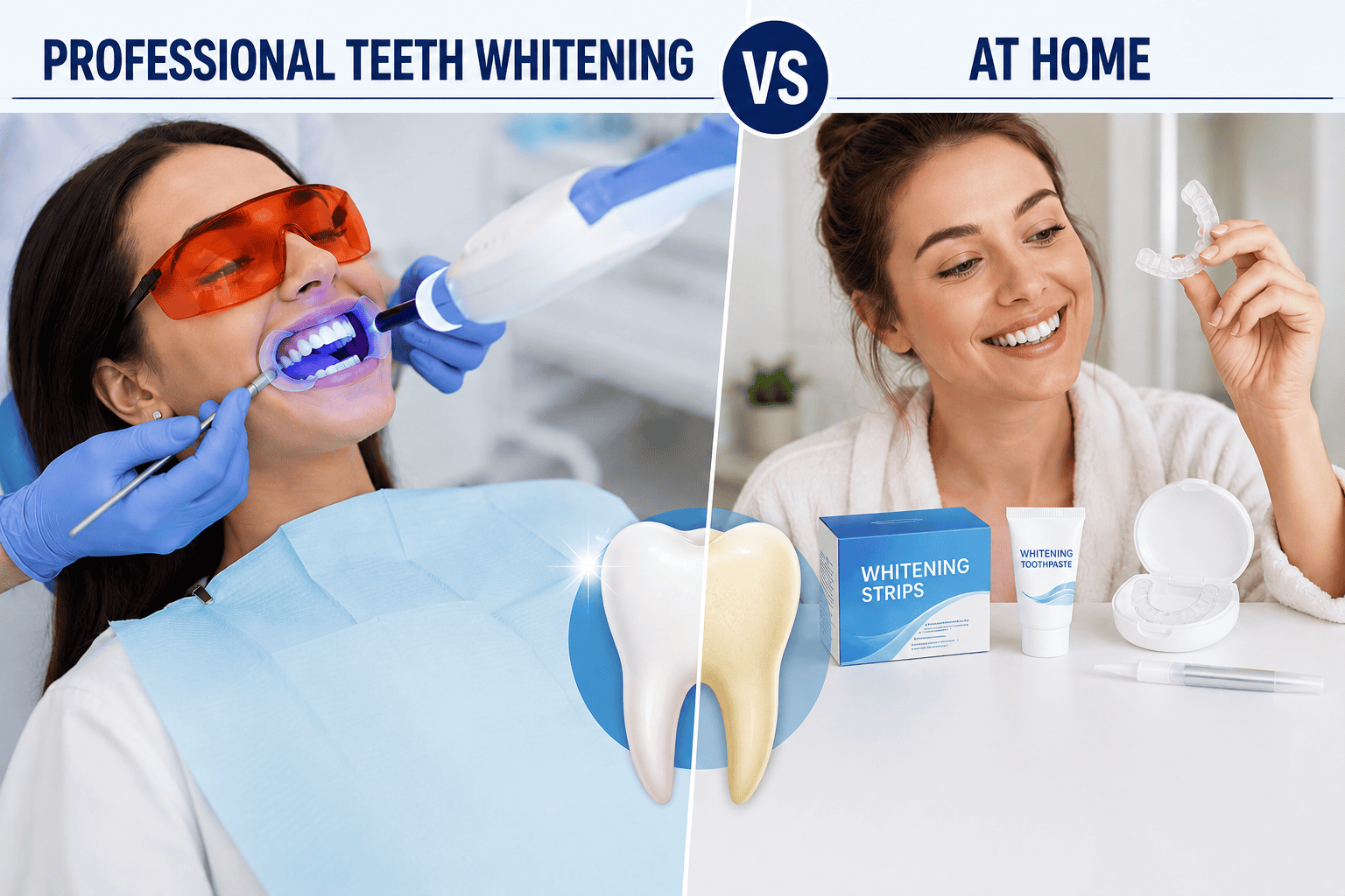 Split-screen comparison of professional teeth whitening treatment and at-home whitening products with a bright smile result.