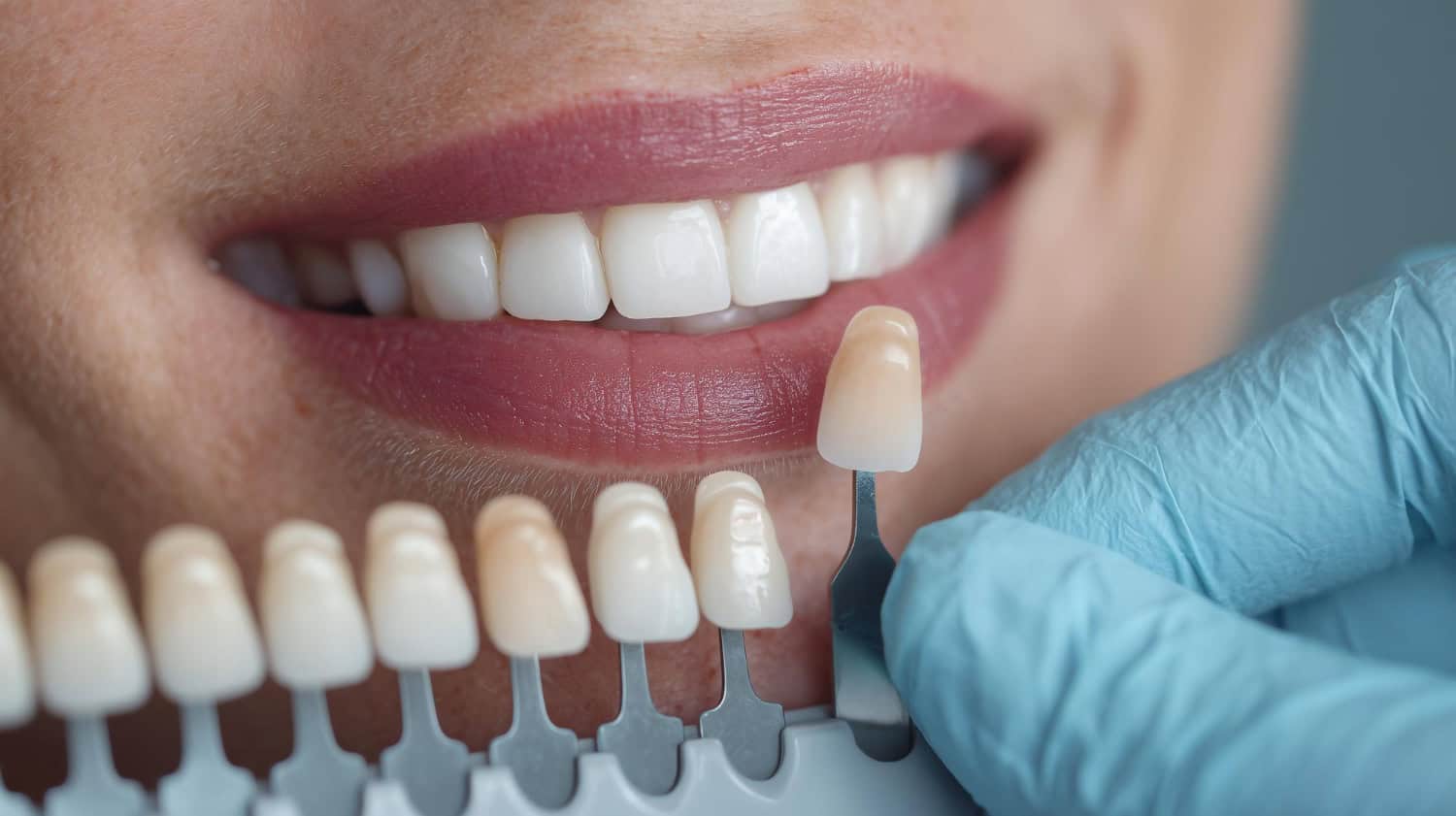 Close-up of teeth with a dental veneer shade guide comparing porcelain veneer colors.