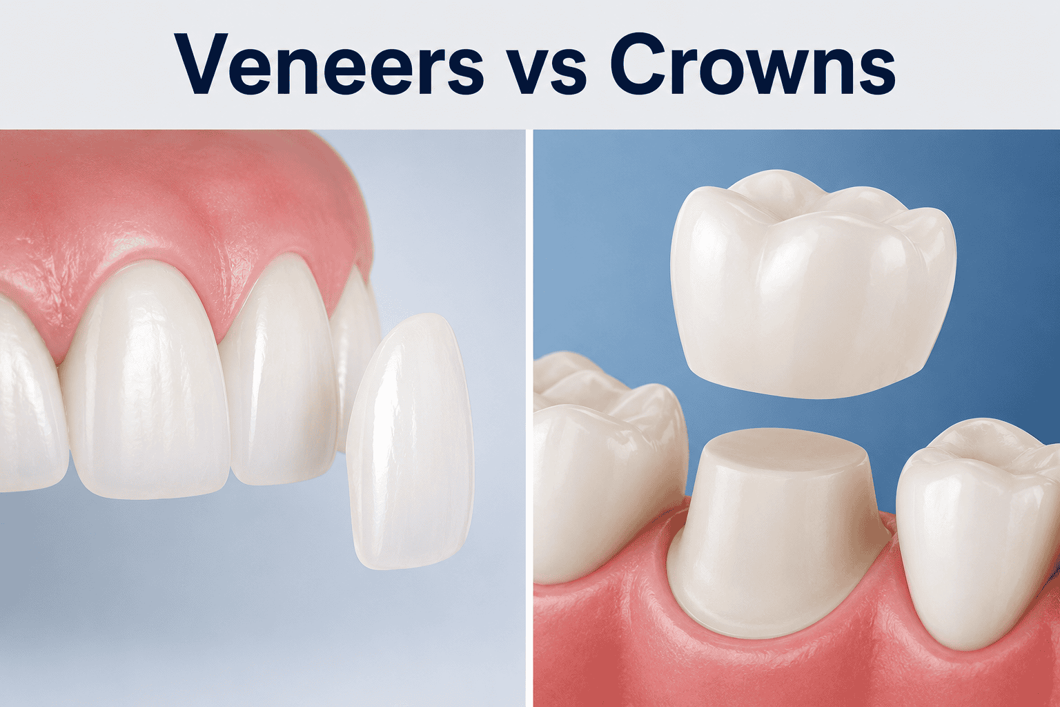 Veneers vs crowns comparison showing a porcelain veneer on the front of a tooth and a dental crown covering a prepared tooth.