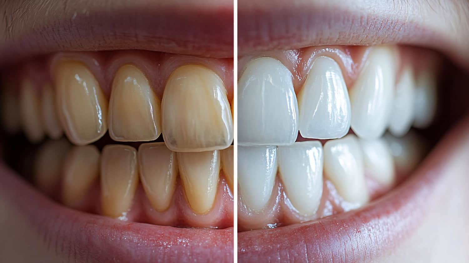 Before-and-after close-up of teeth showing a brighter, more even smile after cosmetic dental treatment.