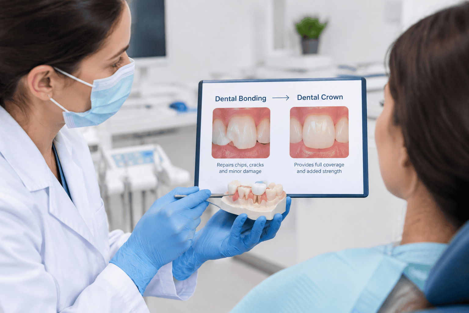 Dentist explaining dental bonding and crown treatment options to a patient using a tooth model.