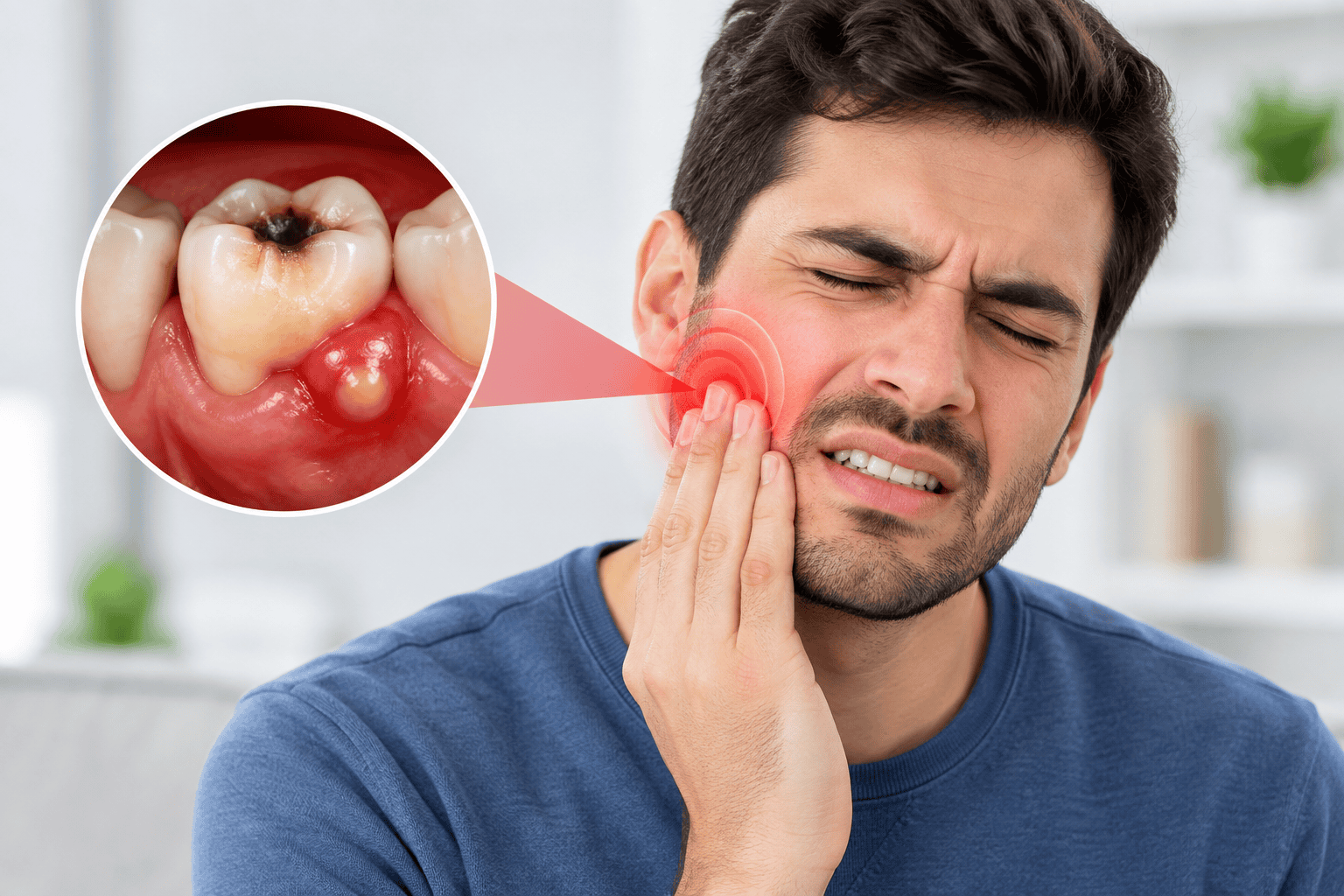 Man experiencing tooth pain from a dental infection with an inflamed tooth and swollen gums.