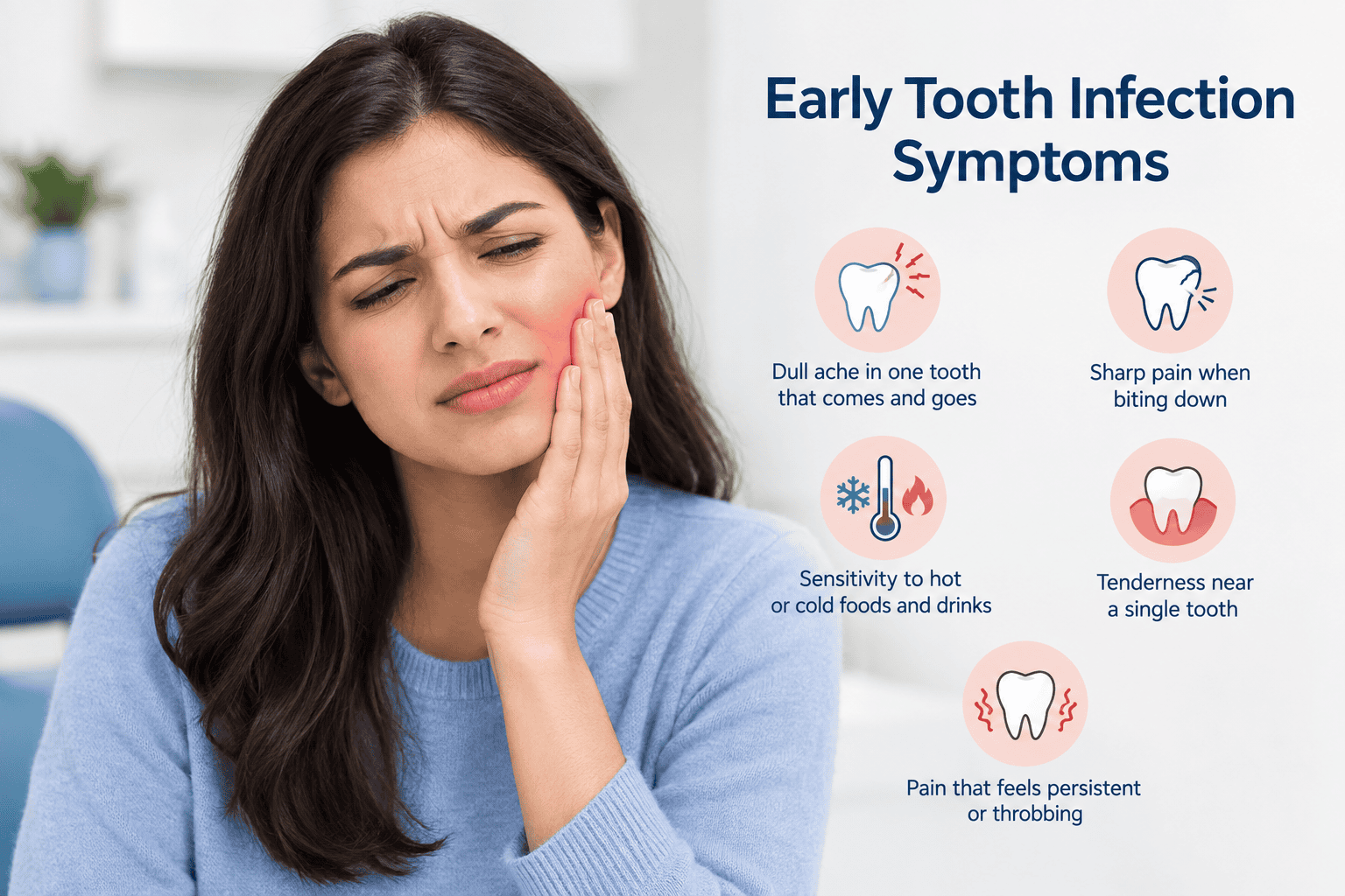 Early tooth infection symptoms including tooth pain, sensitivity, tenderness, and persistent discomfort in one tooth.