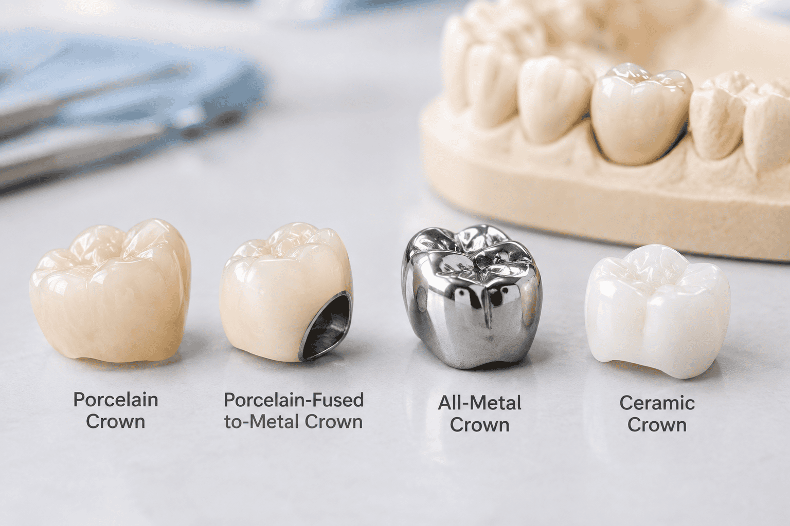 Different types of dental crowns for dental crown replacement, including porcelain, ceramic, porcelain-fused-to-metal, and all-metal crowns.