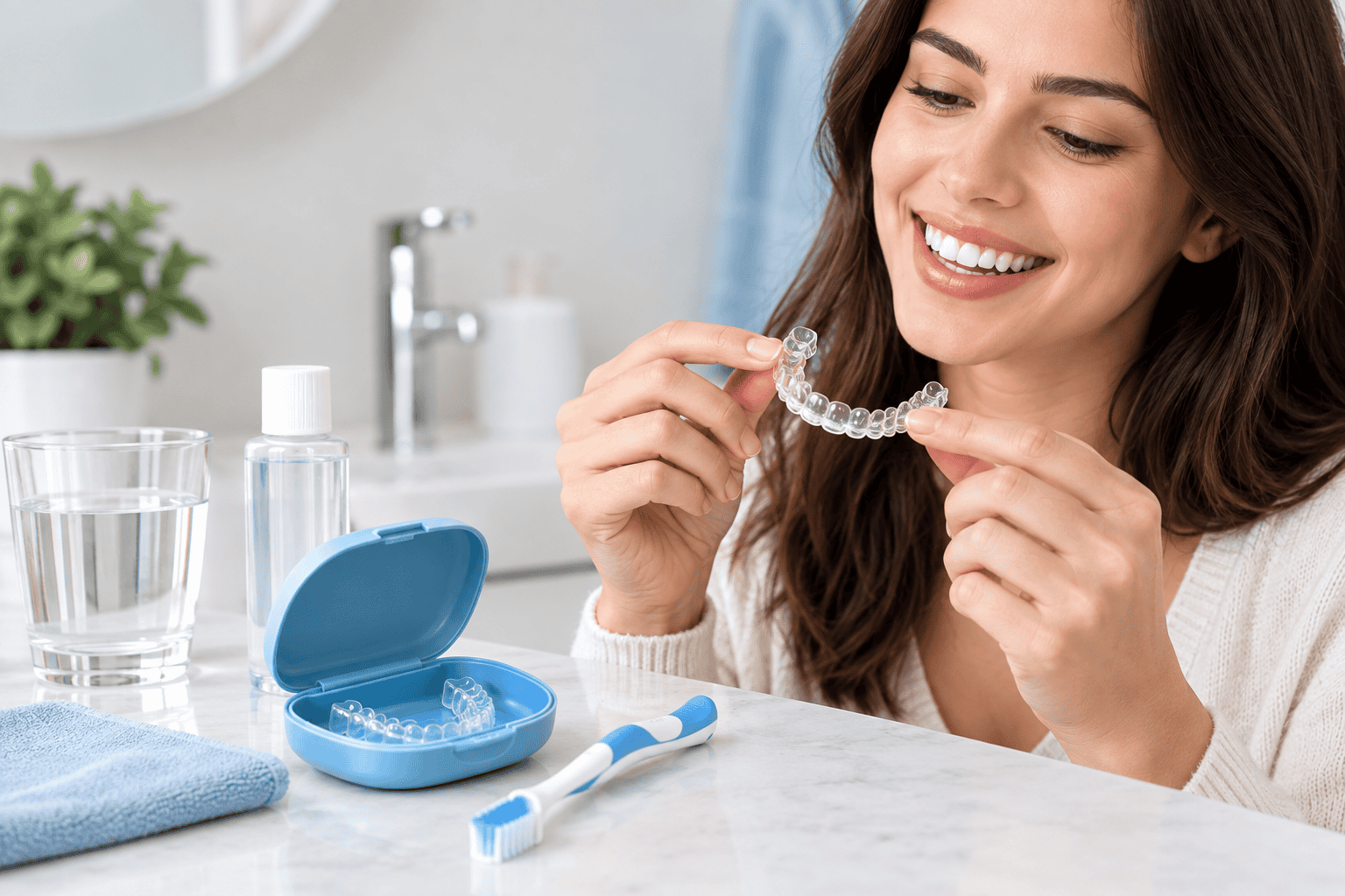 Woman holding a clear aligner beside an aligner case and toothbrush as part of a daily clear aligner care routine.